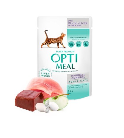 Opti Meal Super Premium "Hairball Control"- Z Kaczką, Watróbką W Galaretce Jabłkowej
